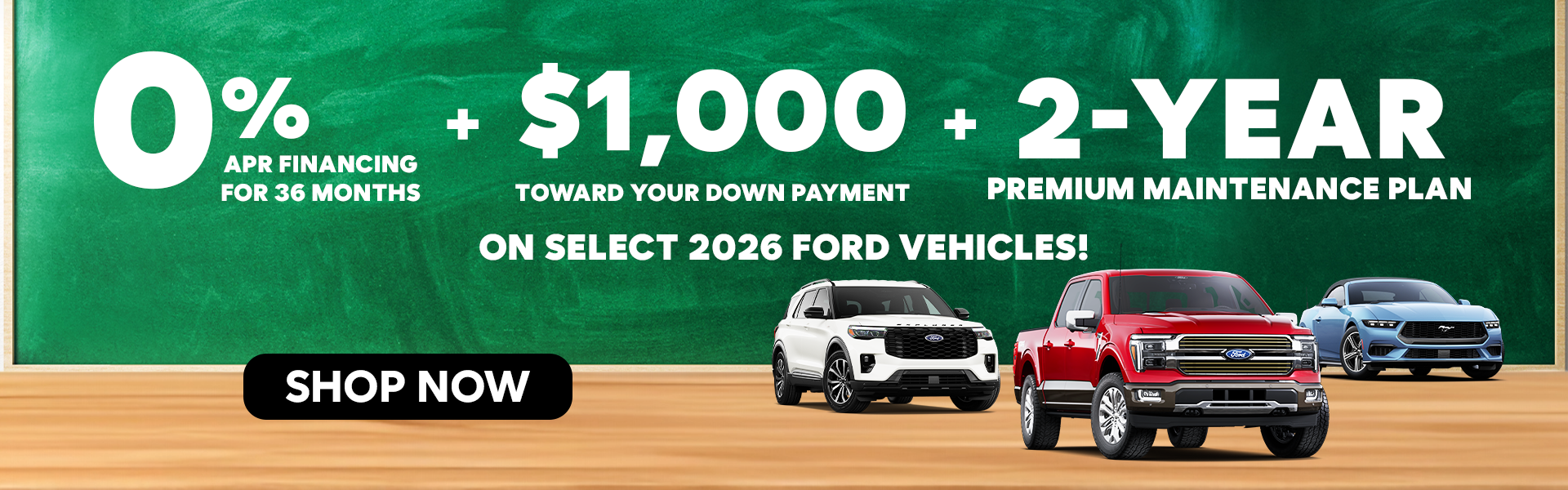 0% APR + $1,000 Down + 2 Year Maintenance Plan