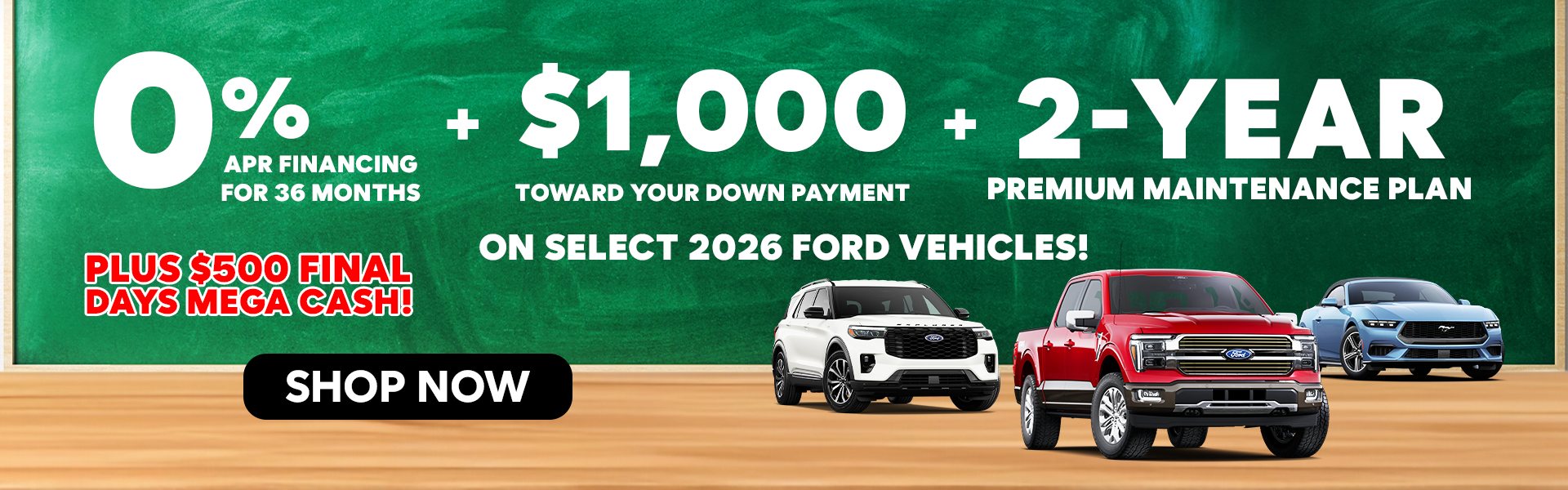 0% APR + $1,000 Down + 2 Year Maintenance Plan